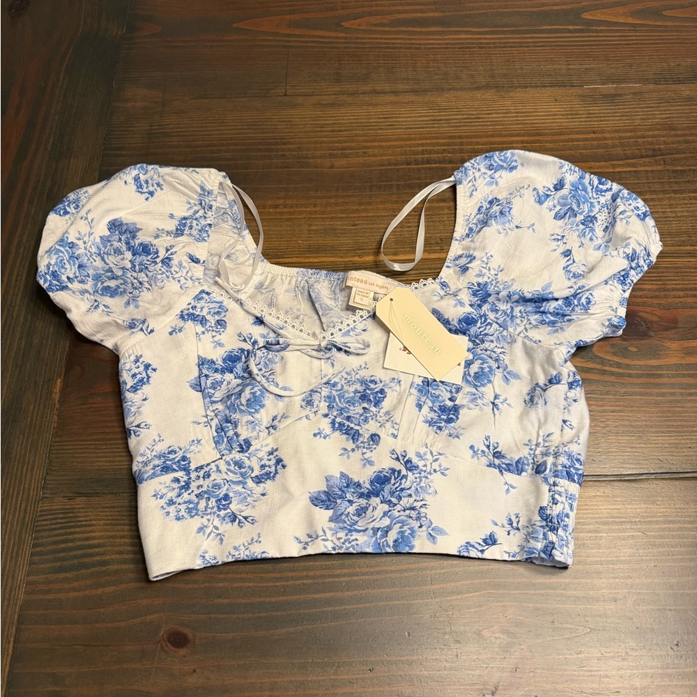 Monteau Blue Floral Off-Shoulder Crop Top - Picture 2 of 5